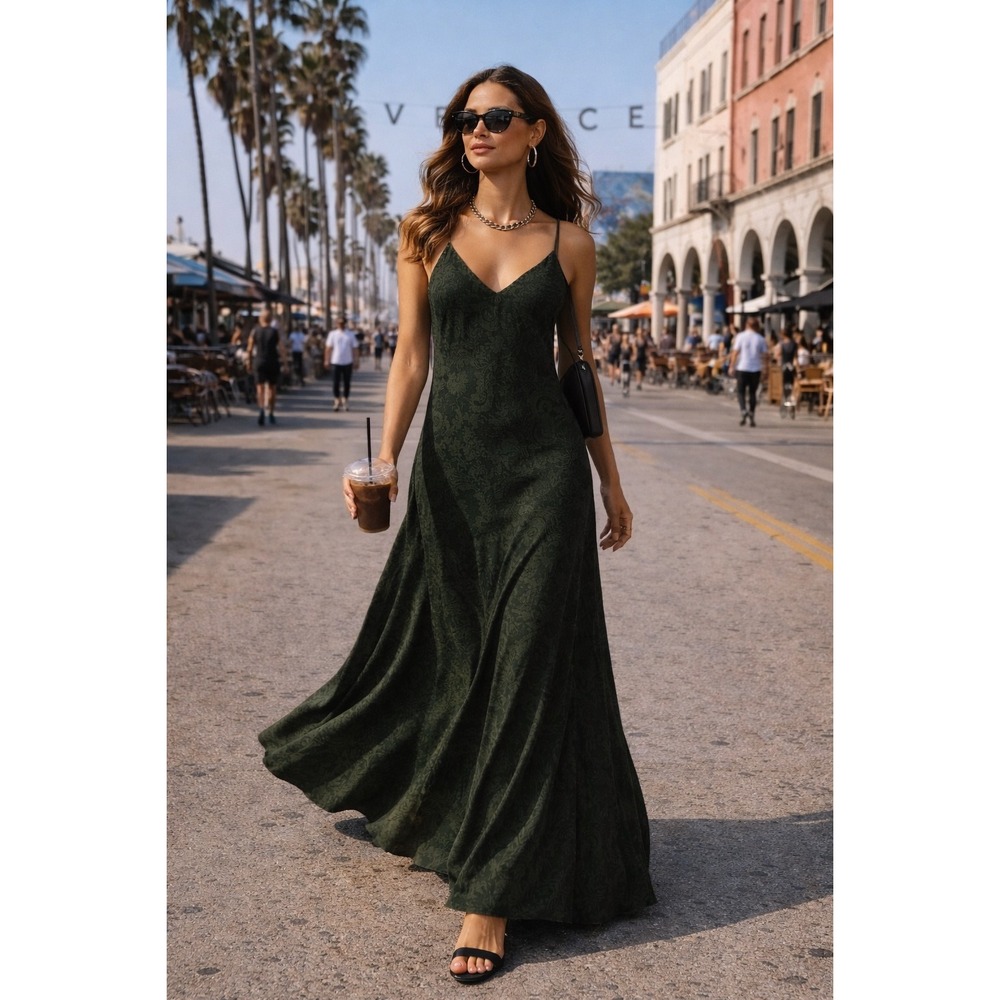 COS Paisley Print V Neck Midi Olive Green Sleeveless A Line Size 38 size S